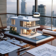 3D Model of a White Modern Luxury Building on wooden desk with Architectural Blueprints