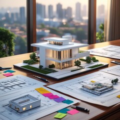 3D Model of a White Modern Luxury Building on wooden desk with Architectural Blueprints