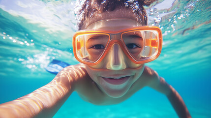 Fototapeta premium Underwater Exploration for Children in Tropical Waters. family snorkeling, coral reef, tropical waters, kidsâ swimming lessons, water sports, outdoor adventure, beach holidays, Car