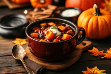 Autumn pumpkin stew with seasonal vegetables herbs