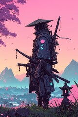 Futuristic Samurai Contemplates Serene Blossom Scened Landscape