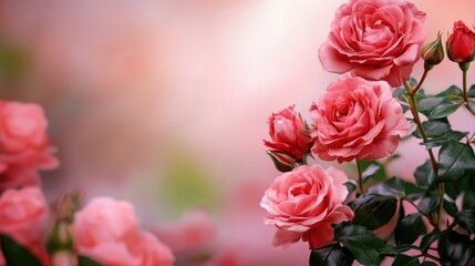 Beautiful Pink Roses with Delicate Petals on Soft Background in Garden Setting