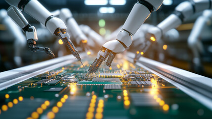 Robotic Arms Assembling Circuit Boards in Electronics Factory. A series of robotic arms working in unison to assemble circuit boards on a production line in a clean, high-tech elec