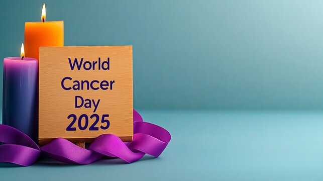 World Cancer Day 2025 with vibrant candles and purple ribbon symbolizing hope and awareness.