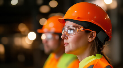 Skilled Workers in Protective Gear in Manufacturing Facility. Workers in orange helmets and safety glasses, concentrating on tasks in a dimly lit manufacturing plant. Ideal for hig