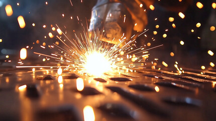 Metal Sparks from Welding in Industrial Workshop. Close-up of sparks flying from metal as a welder works in an industrial workshop, demonstrating high-intensity welding in action.