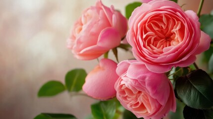 Fototapeta premium Beautiful Close-Up of Pink Roses with Delicate Petals and Lush Green Leaves