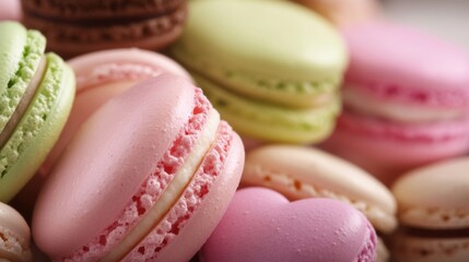 Fototapeta premium Colorful assortment of macarons displayed artfully on a light background