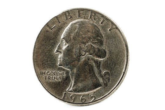 Close-up of a 1965 US quarter dollar coin, featuring George Washington's profile.
