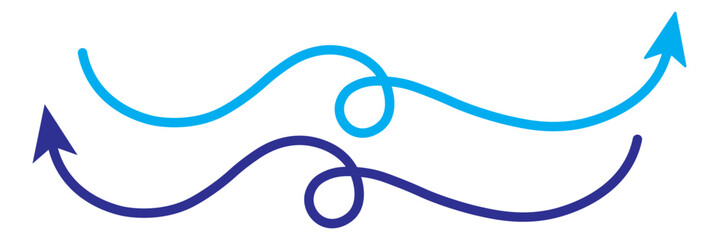 Hand drawn vector arrow set.  Blue hand-drawn arrows in various directions and styles. Direction elements, curve brush strokes. Different curved arrows. Marker drawing. Vector illustration