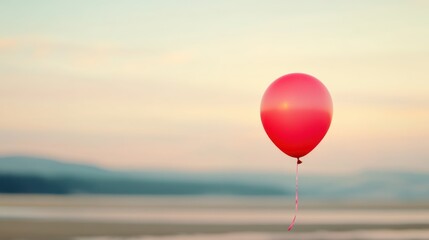 Red Balloon Floating Against a Soft Pastel Background at Sunrise by the Shore