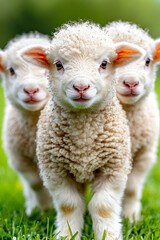 Naklejka premium Three adorable, fluffy lambs stand together on green grass, showcasing their soft wool and playful expressions in a bright, natural setting.