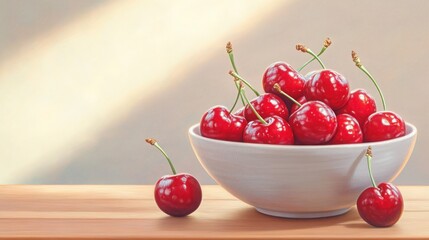 a bowl overflowing with bright red cherries, with a few scattered around on a rustic wooden table