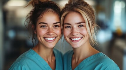 Smiling nurses portrait, hospital hallway background, healthcare