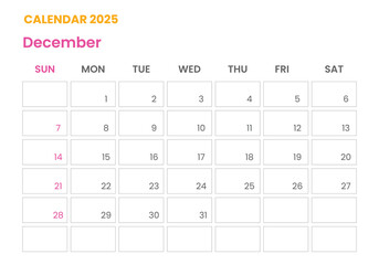 December Calendar 2025 corporate design planner template.