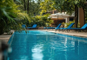 An outdoor swimming pool with blue water