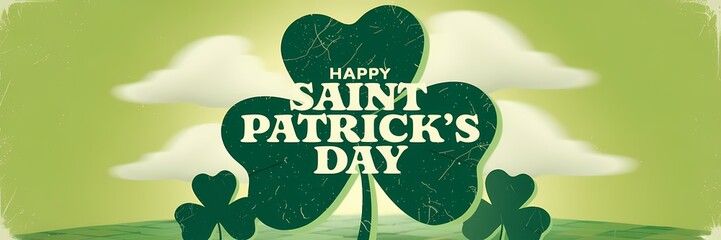 Naklejka premium A 3D render of a creative minimalist Saint Patrick's Day poster with a retro theme. The background is a light green field with white clouds. There are three large white shamrocks with green leaves. 