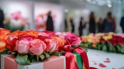 Fototapeta premium Colorful Roses in Gift Boxes with Elegant Ribbons at a Floral Event Setting