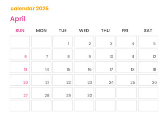 April Calendar 2025 corporate design planner template.