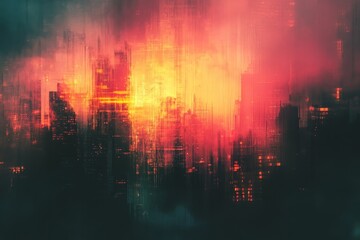 Obraz premium Vibrant city skyline engulfed in fiery orange and red hues during twilight with abstract shapes and textures