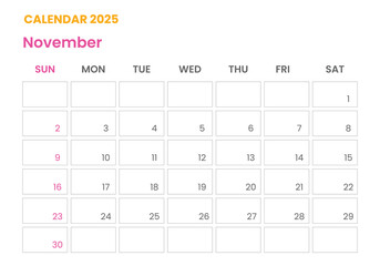November Calendar 2025 corporate design planner template.