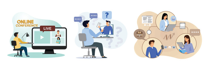 Man conducting Live Online Conference. Online Technical Support. Business people working together online, talking and sharing files.