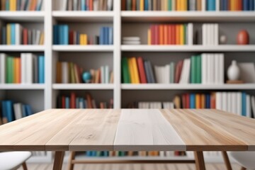 Fototapeta premium A close-up empty desk over bookshelf filled with books in a library
