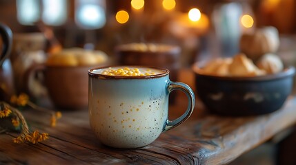 Obraz premium A family sitting around the kitchen table, enjoying warm homemade corn milk in rustic mugs