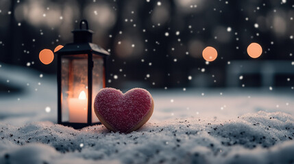 Red heart-shaped pillow on a snow-covered stone wall: Snowy Valentines Day Aesthetics