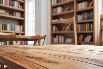 Fototapeta premium Books on shelves over a wooden table in a vintage room with wooden flooring and an empty wall in a cozy home design