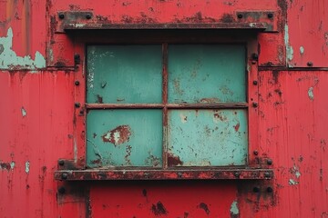 Naklejka premium Rusty window frame on an aged wall with vibrant red paint peeling off in a weathered urban setting