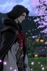Obraz premium Anime Samurai Contemplates Under Cherry Blossoms