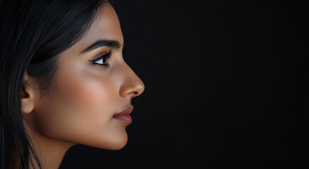 Fototapeta premium A young woman poses gracefully with her profile highlighted against a black backdrop, showcasing her flawless skin and sleek hair. The soft expression emphasizes her natural beauty.