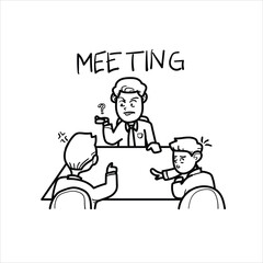 illustration of debate atmosphere during office meeting, cartoon, black and white, business, good for your visual elements, your coloring teaching materials or presentations, vector format