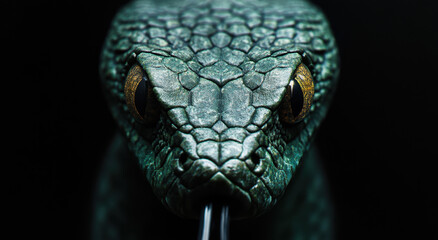 Fototapeta premium Details of a green snake emerge prominently with textured scales and captivating golden eyes. The close-up captures the creature's features in a mysterious setting.