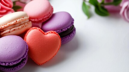 Obraz premium Colorful Macarons with a Heart-Shaped Pastry Surrounded by Fresh Roses