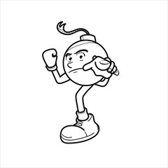 illustration of a bomb mascot pointing at a panda, cartoon, black and white, good for children's coloring teaching materials, your visual elements, vector format