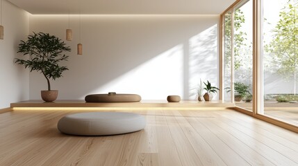 Fototapeta premium A serene, minimalistic interior featuring natural light, wooden elements, and indoor plants, promoting a calm and tranquil atmosphere.
