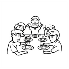 illustration of the atmosphere of breaking the fast in the month of Ramadan, cartoon, black and white, examination, good for visual elements, children's teaching materials, vector format
