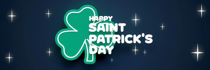 A 3D render of a creative minimalistic Saint Patrick's Day poster with a retro theme. There's a green shamrock with a white outline. The text "Happy Saint Patrick's Day" is written in a bold, font