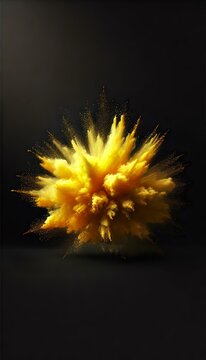Bizarre forms of golden glitter powder paint explode in front of a black background to give off fantastic colors and forms.