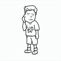 illustration of a child holding his swollen cheek, cartoon, black and white, good for medical visual elements, vector format