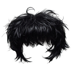 Fototapeta premium Black shaggy wig with a messy style, perfect for various creative uses, isolated on a transparent background. PNG