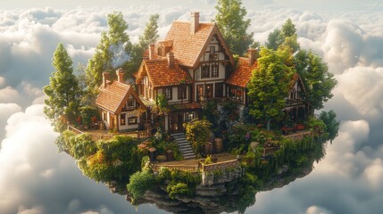 Obraz premium Floating house, cloudscape, garden, fantasy, advert