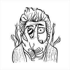 illustration of a tattooed man holding his face with a shocked look, scary, black and white, good for apparel, tattoos, vector format