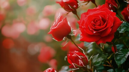 Obraz premium Vibrant Red Roses in Bloom Surrounded by Lush Green Foliage in a Garden Setting