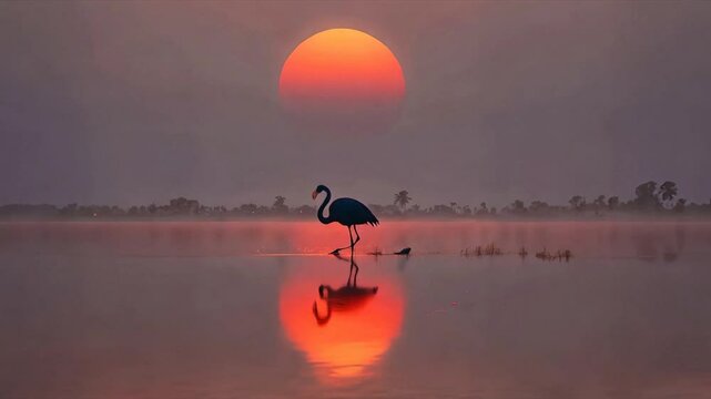 Flamengo at sunset at a lake