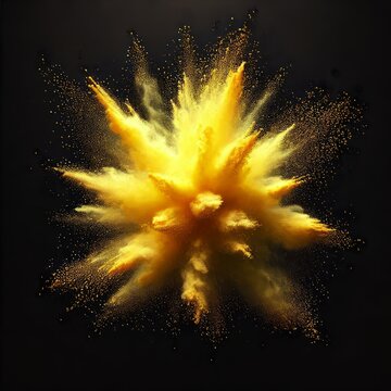 Bizarre forms of golden glitter powder paint explode in front of a black background to give off fantastic colors and forms.