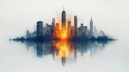Obraz premium Cityscape sunrise reflection, urban skyline, hazy, orange glow.