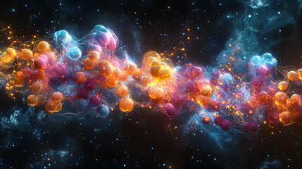 A colorful molecular network, showcasing a detailed 3D protein model surrounded by abstract glowing energy lines, during a digital simulation